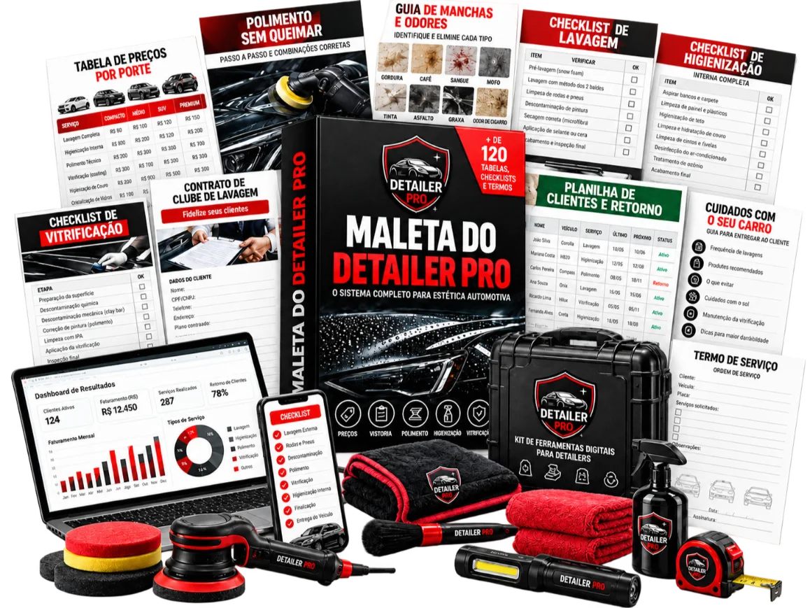 Maleta do Detailer Pro: caixa, páginas, notebook, celular, tablet e ferramentas